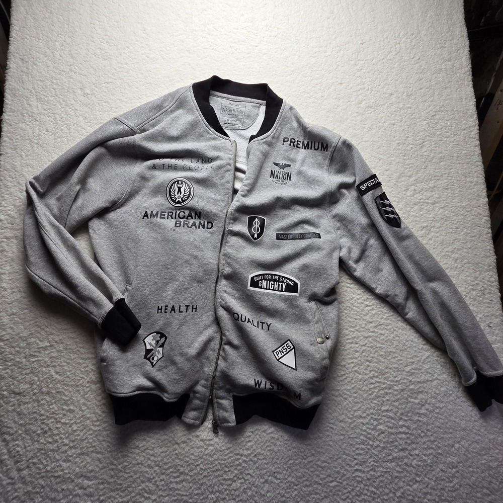 Parish Nation Sweatshirt Mens 3XL Gray Full Zip Fleece Graphic Bomber Top